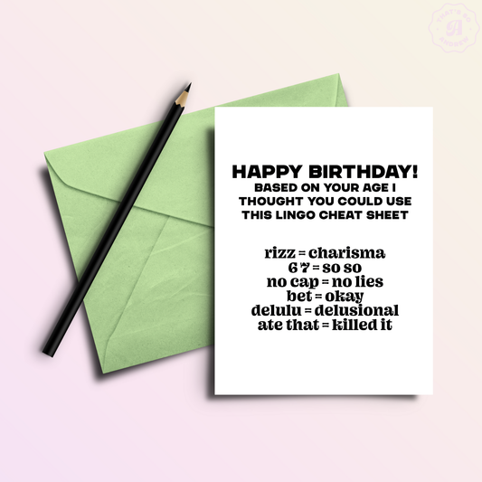 Get Z Lingo Cheat Sheet | Funny Birthday Greeting Card